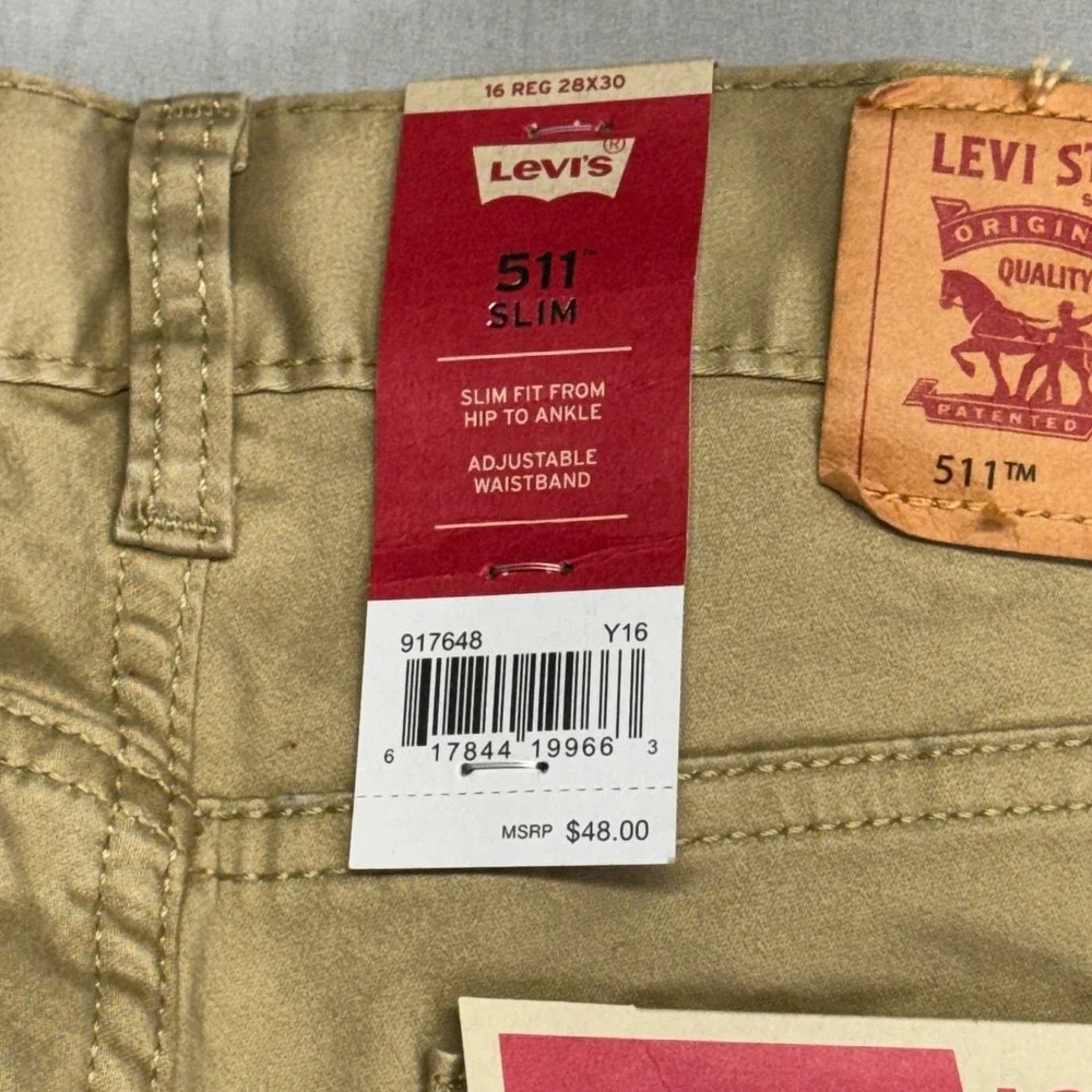 Levis 511 Slim Fit Boys Khaki Tan Stretch Pants Size 16 Reg 28x30 NWT